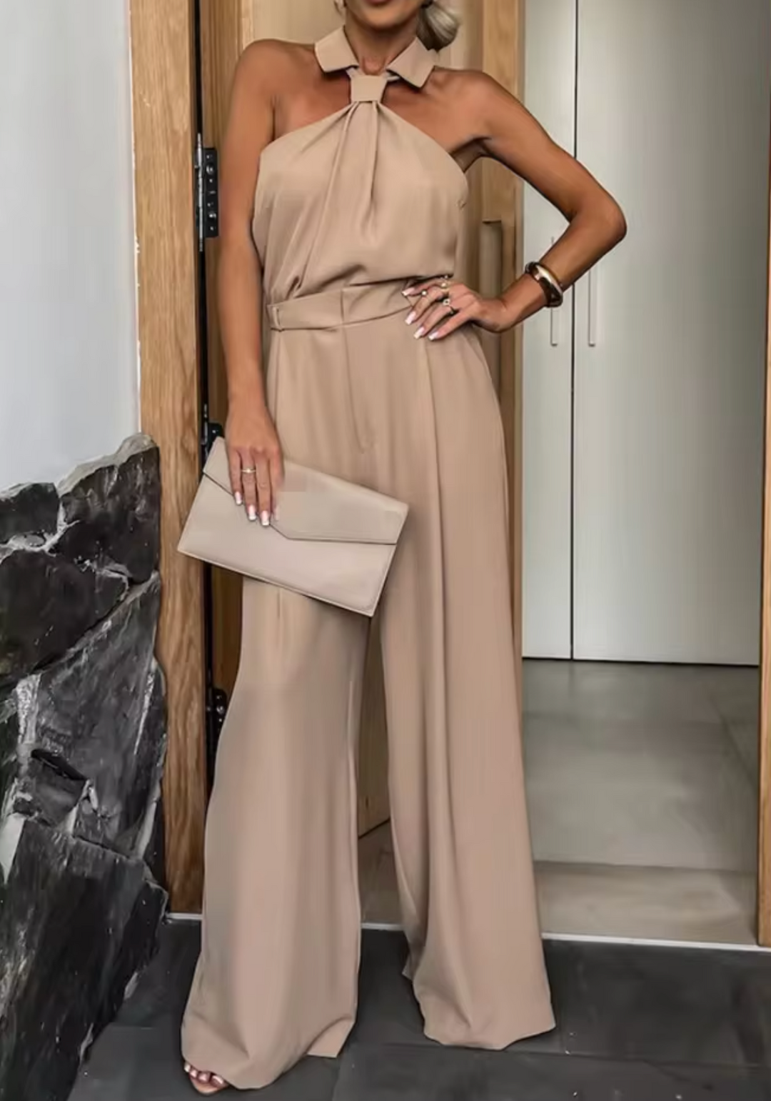 Dames Jumpsuit Feestelijk Met Brede Benen Hoog Hals In Zachte Ademend Stof 2