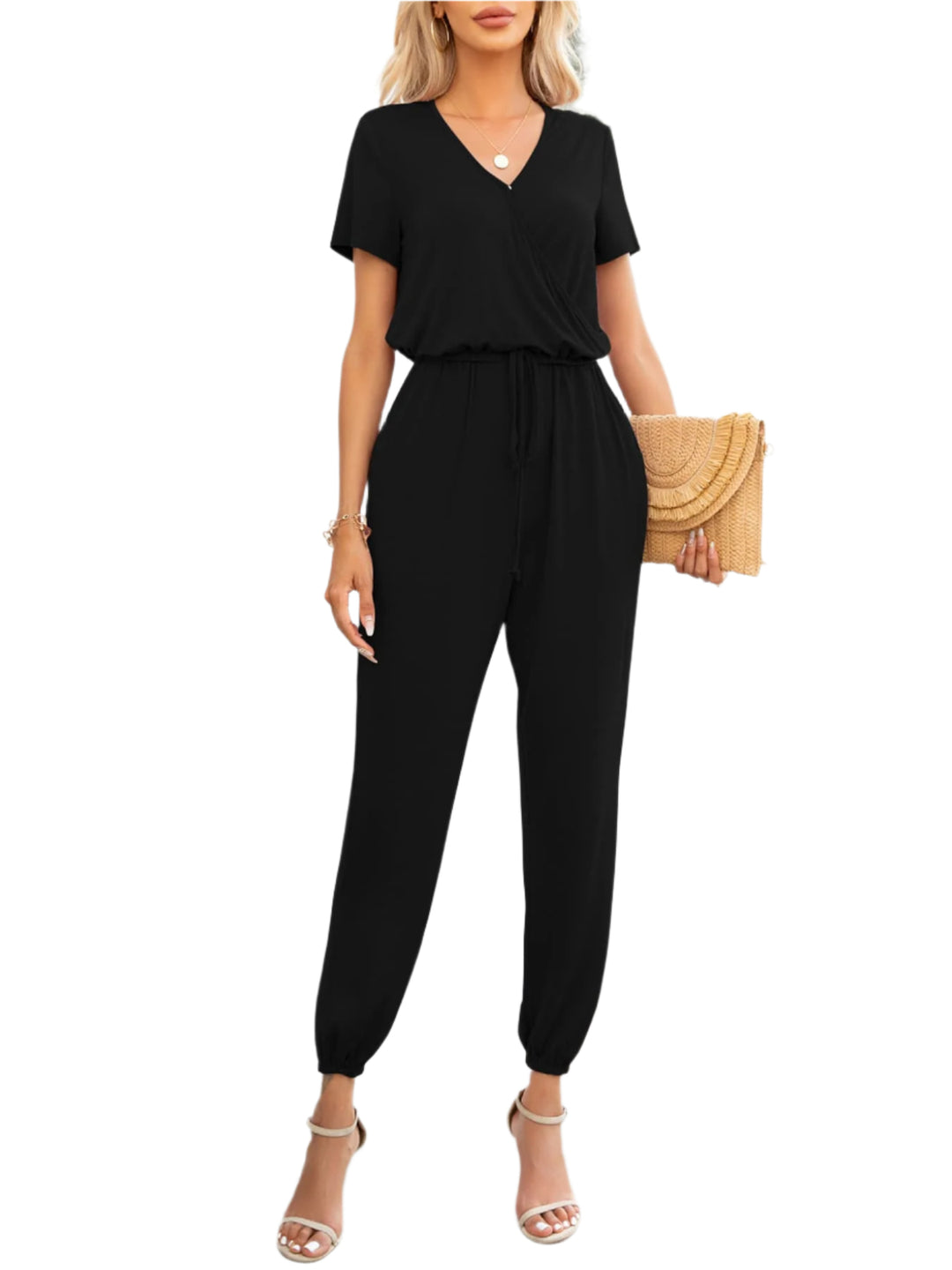 Dames Jumpsuit met Korte Mouwen V-Hals en Zakjes 0