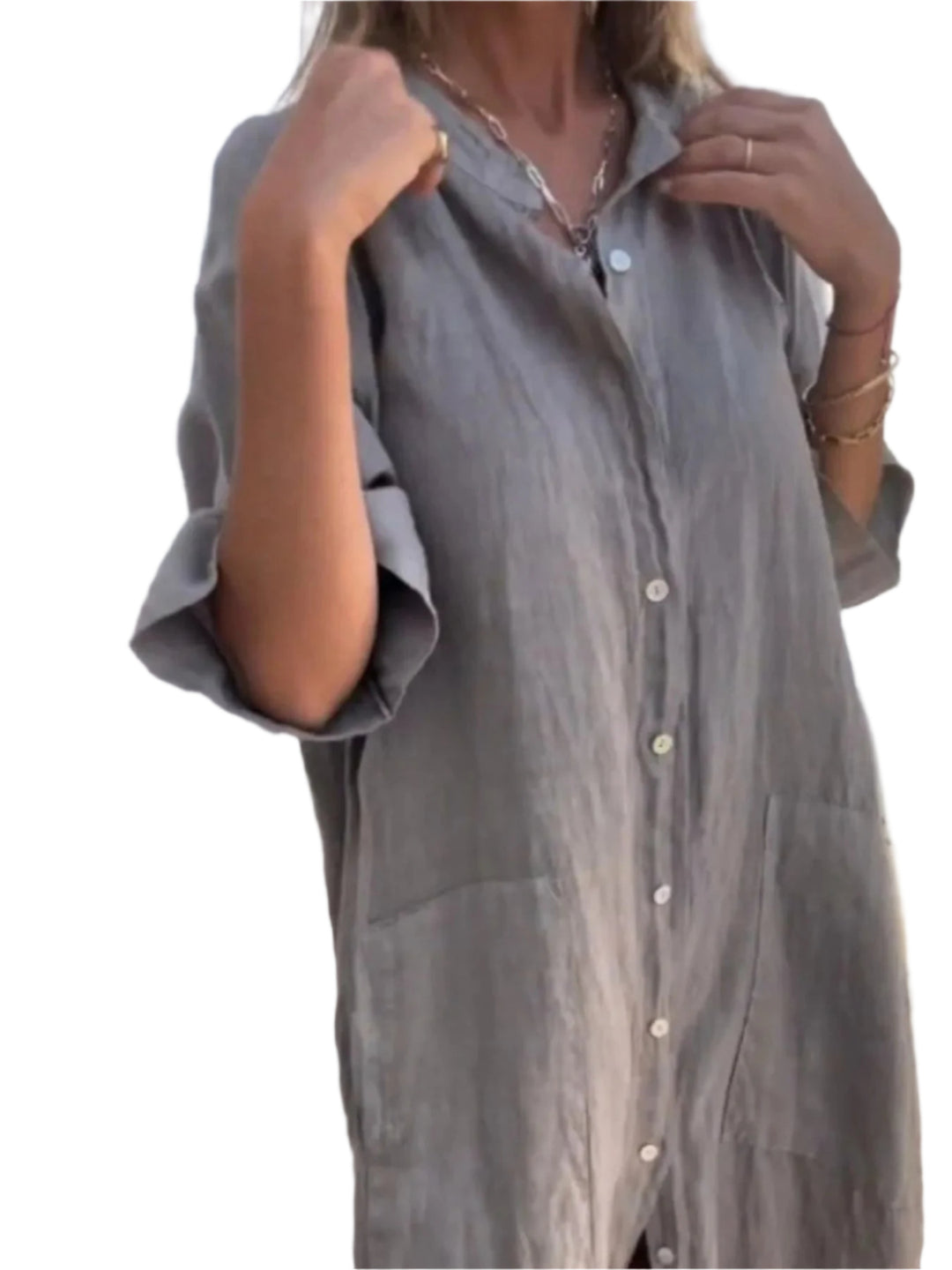 Dames Jurk Linnen Look Knopjurk Casual Met V-hals en Zakken 0