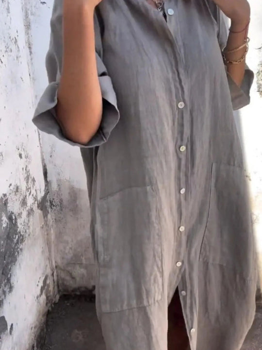 Dames Jurk Linnen Look Knopjurk Casual Met V-hals en Zakken 1