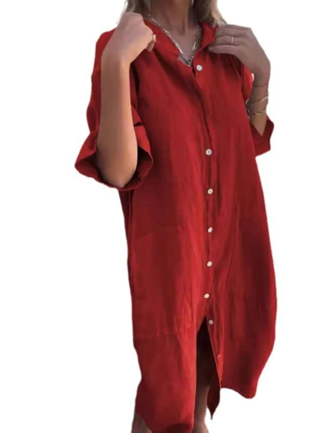 Dames Jurk Linnen Look Knopjurk Casual Met V-hals en Zakken 11