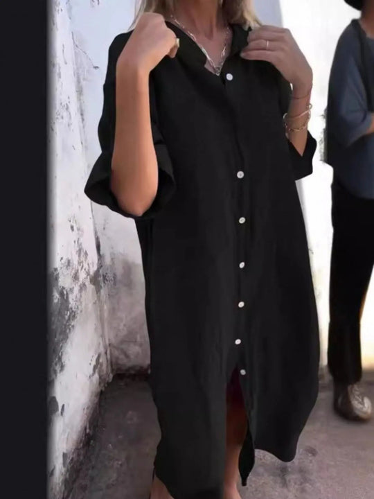 Dames Jurk Linnen Look Knopjurk Casual Met V-hals en Zakken 4