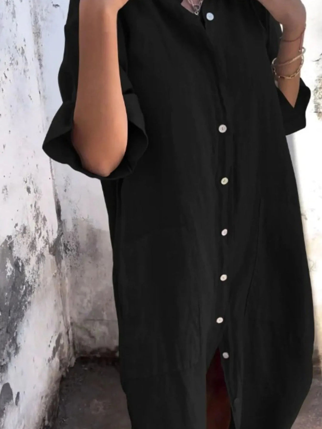 Dames Jurk Linnen Look Knopjurk Casual Met V-hals en Zakken 5