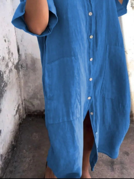 Dames Jurk Linnen Look Knopjurk Casual Met V-hals en Zakken 7