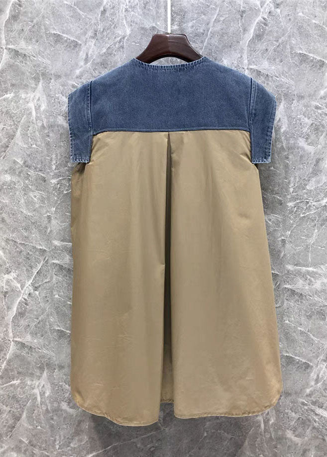 Dames Kaki Denim Top met Strik en Patchwork 1