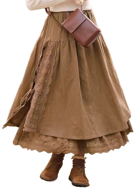 Dames Kaki Lente Rok met Kanten Patchwork 0