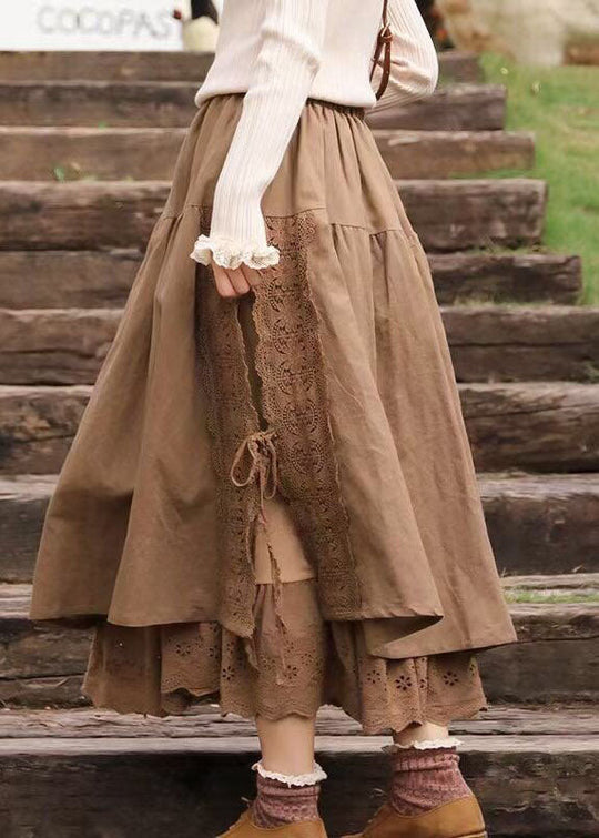 Dames Kaki Lente Rok met Kanten Patchwork 1