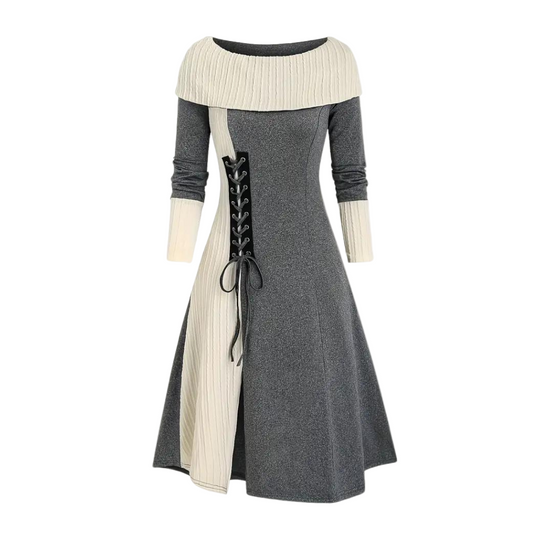 Dames Kleurblok Jurk met Strik - Stijlvolle Feestelijke Kleding voor Herfst en Winter 0