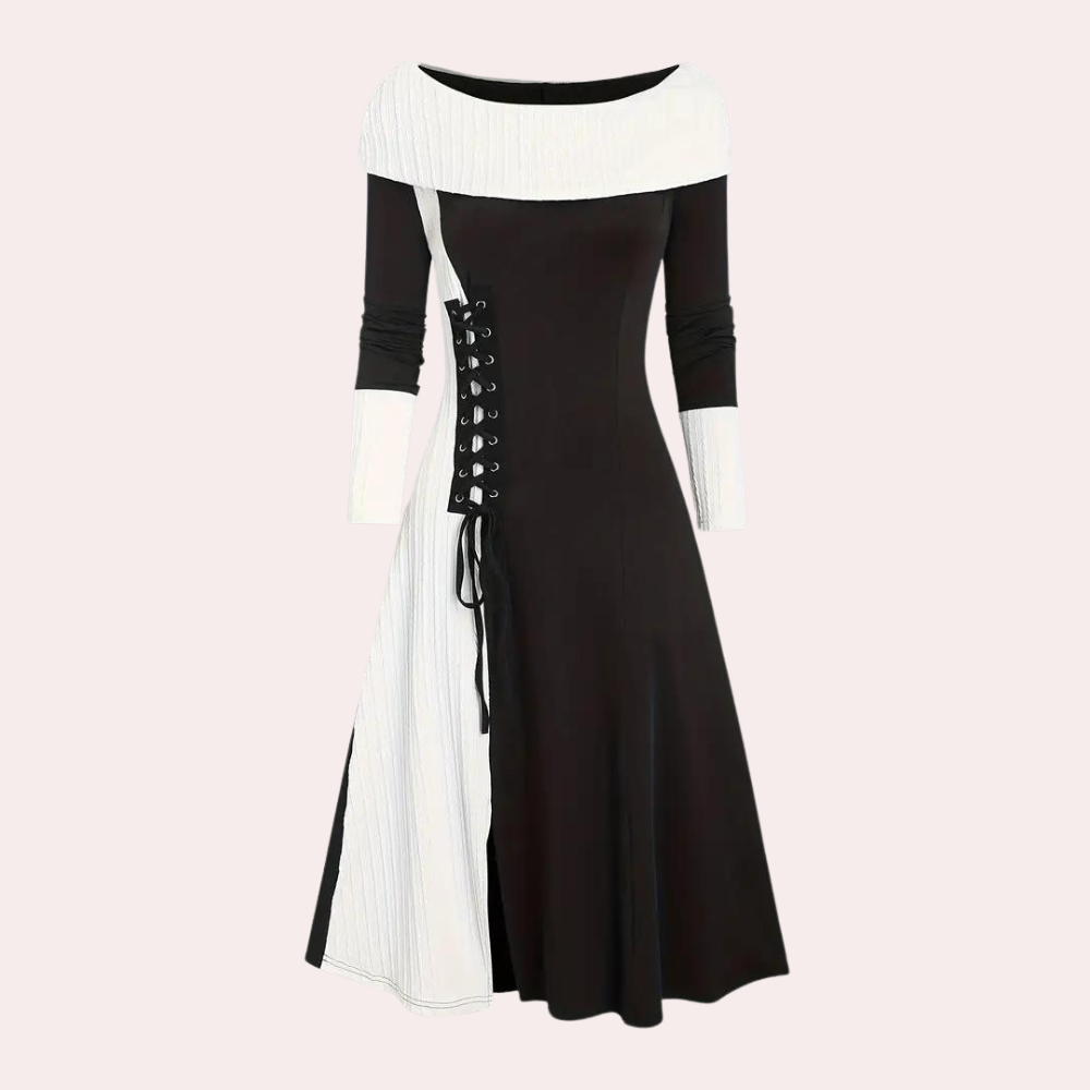 Dames Kleurblok Jurk met Strik - Stijlvolle Feestelijke Kleding voor Herfst en Winter 4