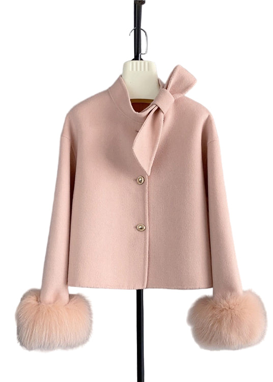 Dames Korte Jas met Strikknoop en Vossenhaarmanchet 1