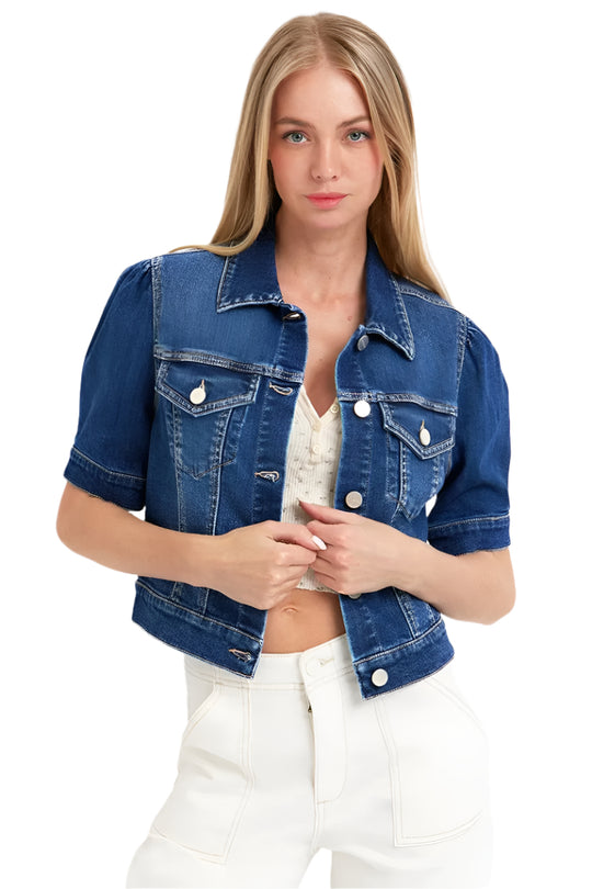 Dames Korte Mouw Crop Denim Jacket Met Pofmouwen 0