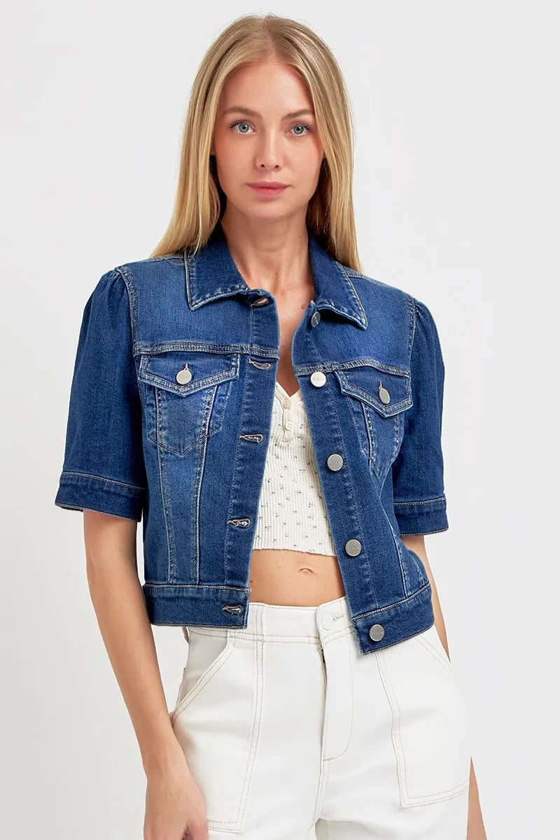 Dames Korte Mouw Crop Denim Jacket Met Pofmouwen 1