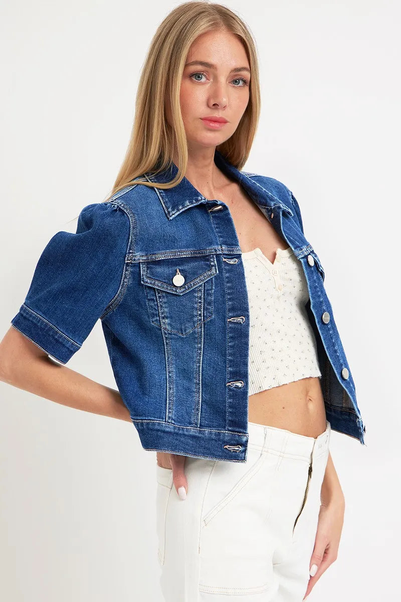 Dames Korte Mouw Crop Denim Jacket Met Pofmouwen 3