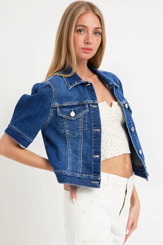 Dames Korte Mouw Crop Denim Jacket Met Pofmouwen 3