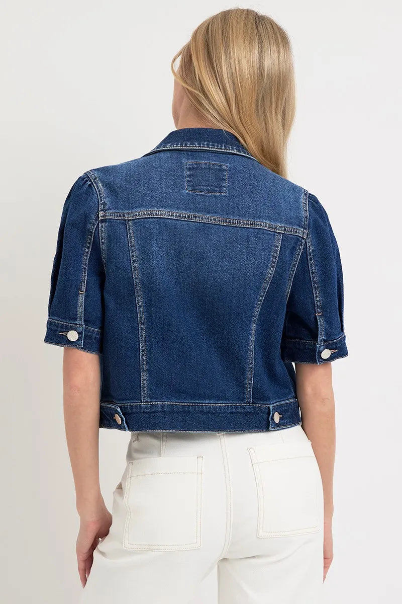 Dames Korte Mouw Crop Denim Jacket Met Pofmouwen 4