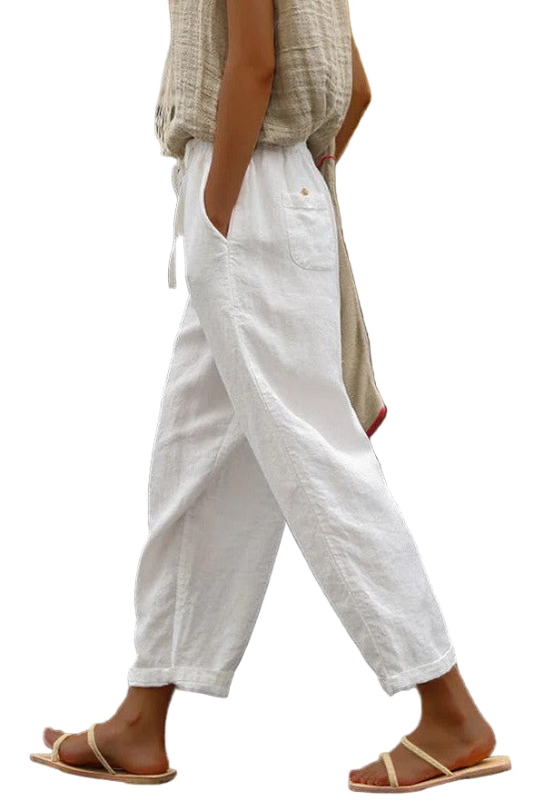 Dames Lange Broek Losse Pasvorm Rechte Pijpen Met Touwsluiting 0