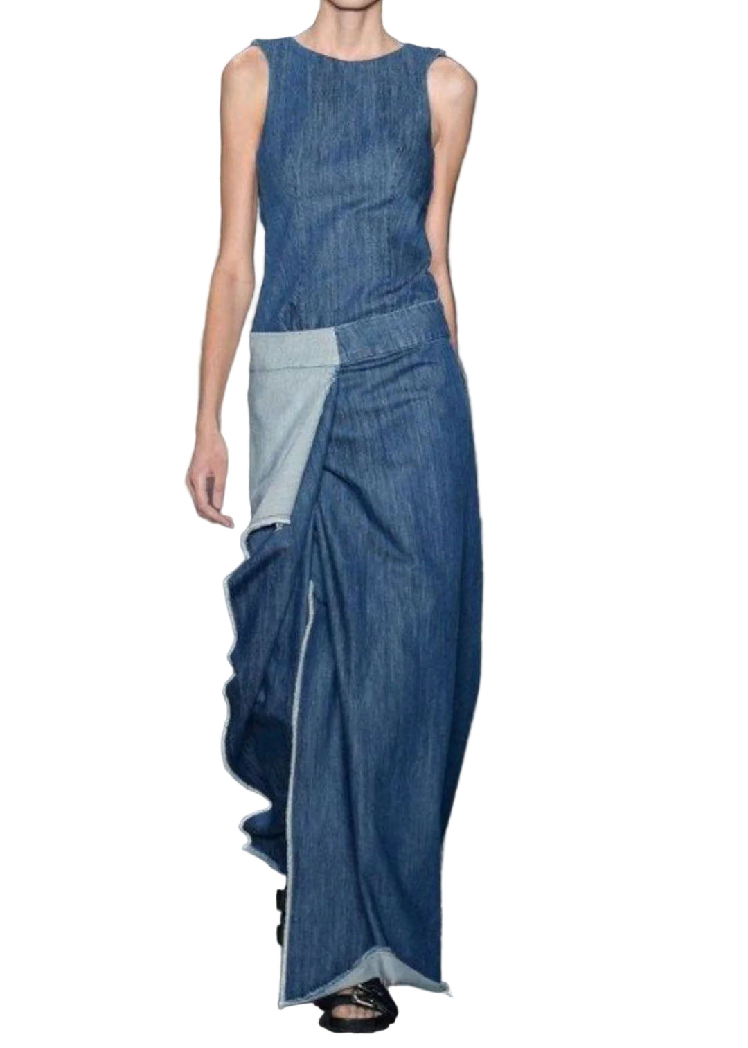 Dames Lange Denim Jurk Casual Met Ruches 0