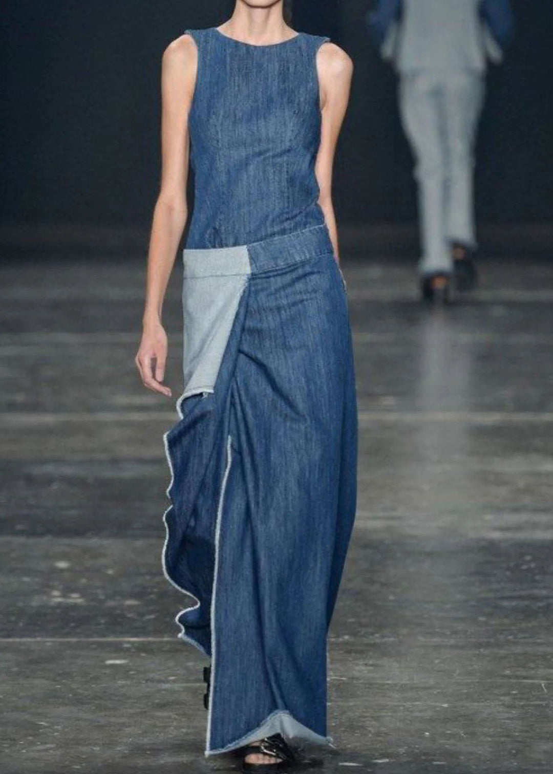 Dames Lange Denim Jurk Casual Met Ruches 3