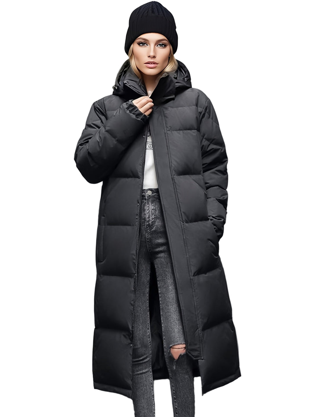 Dames Lange Gewatteerde Winterjas met Capuchon 0