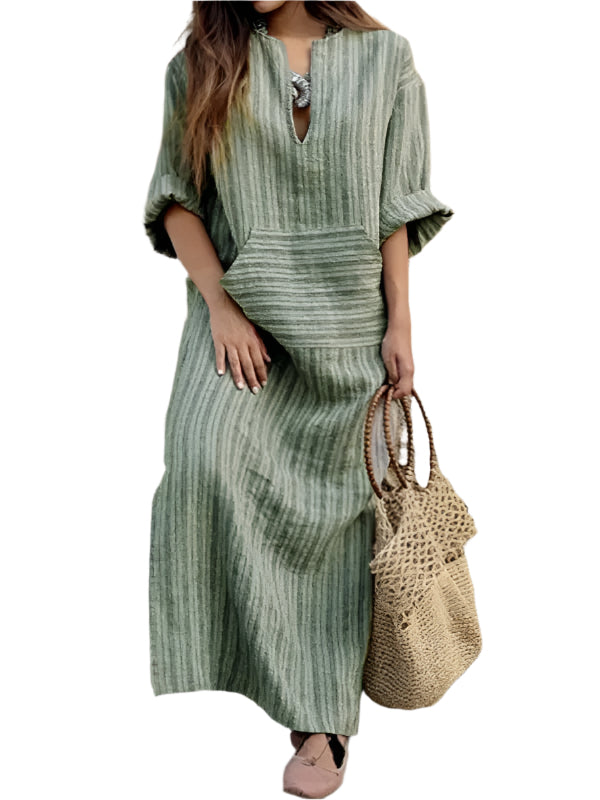 Dames Lange Jurk Gestreept Katoen en Linnen voor Zomerstijl 0