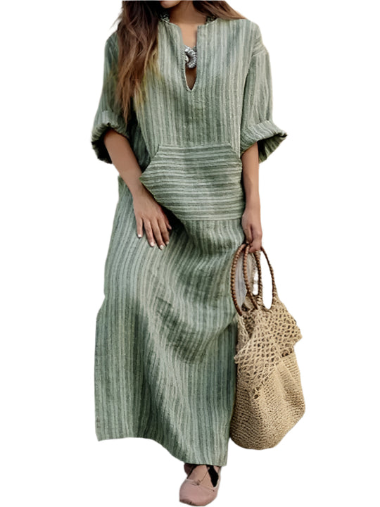 Dames Lange Jurk Gestreept Katoen en Linnen voor Zomerstijl 0