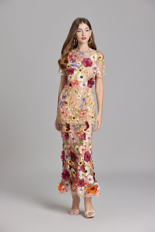 Dames Lange Jurk Met 3D Bloem Borduurwerk Visstaart Mesh Voor Feestelijke Kleding 9