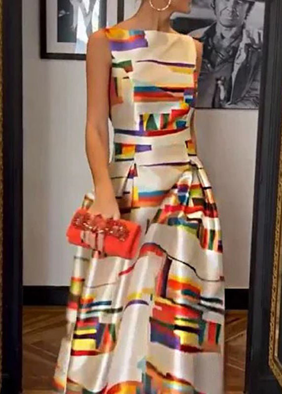 Dames Lange Jurk Met Hoge Taille en Witte Print 1