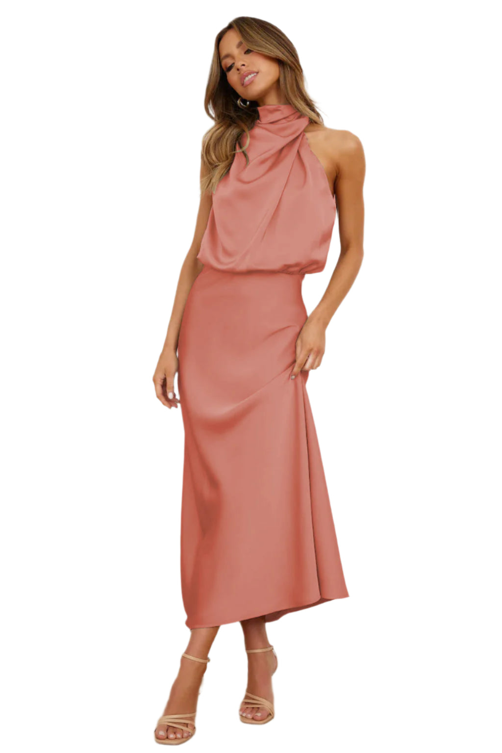 Dames Lange Jurk Satijn Hoge Hals Figuuraccentuerend Elegant voor Avond en Zomer 0