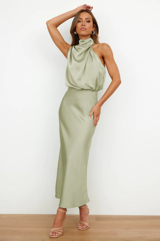 Dames Lange Jurk Satijn Hoge Hals Figuuraccentuerend Elegant voor Avond en Zomer 1