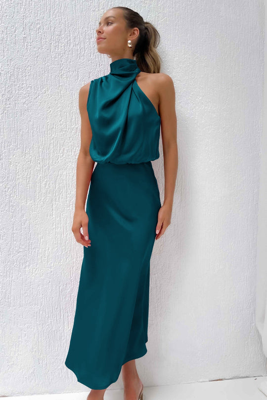 Dames Lange Jurk Satijn Hoge Hals Figuuraccentuerend Elegant voor Avond en Zomer 2