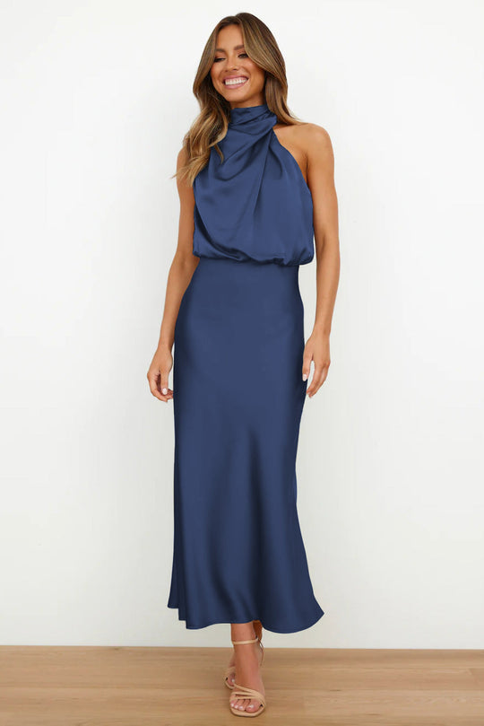 Dames Lange Jurk Satijn Hoge Hals Figuuraccentuerend Elegant voor Avond en Zomer 3