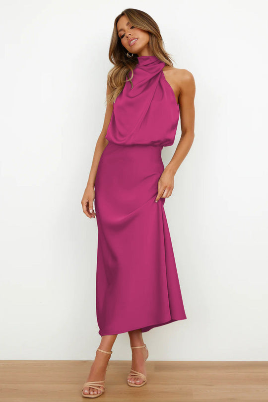 Dames Lange Jurk Satijn Hoge Hals Figuuraccentuerend Elegant voor Avond en Zomer 4