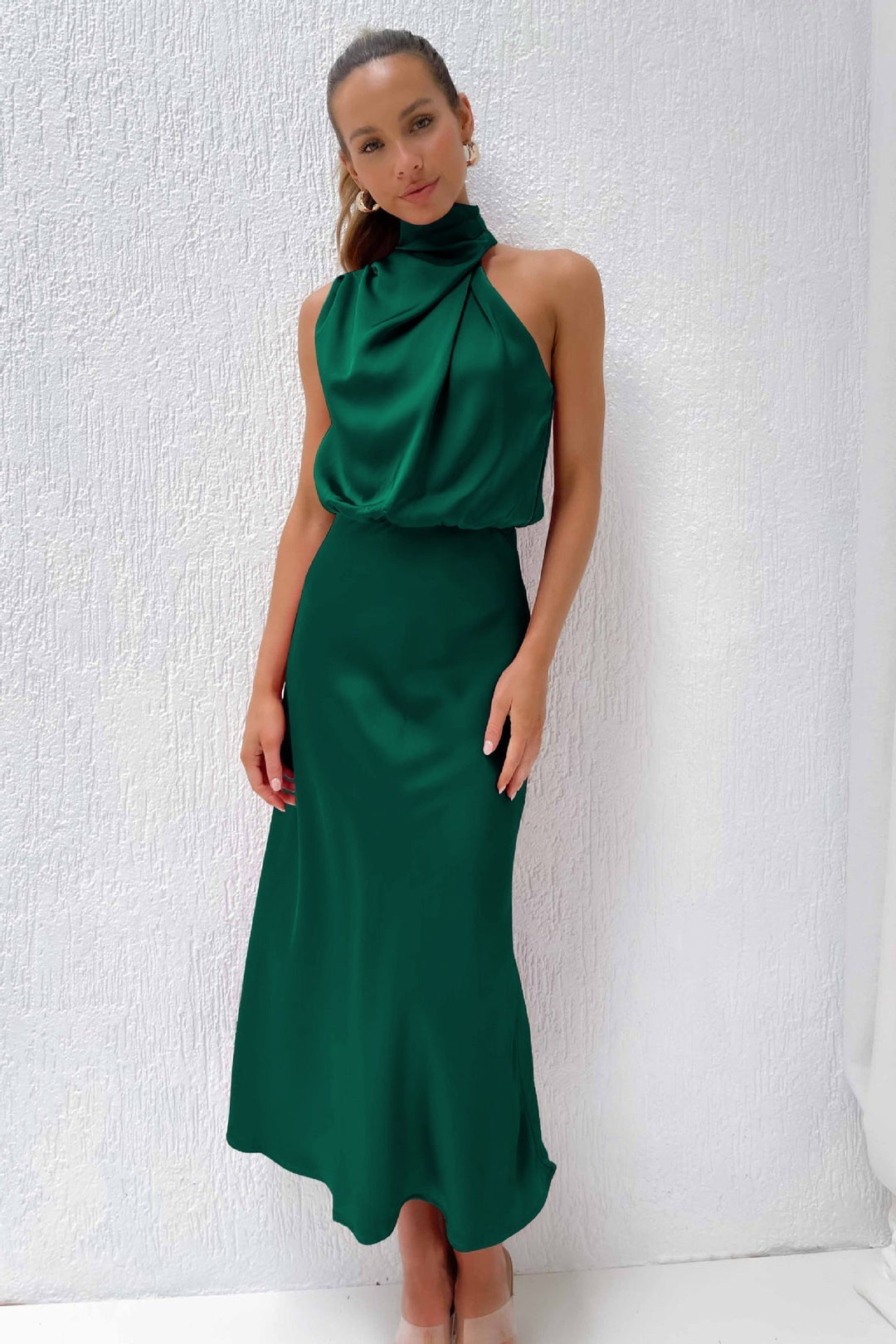 Dames Lange Jurk Satijn Hoge Hals Figuuraccentuerend Elegant voor Avond en Zomer 5