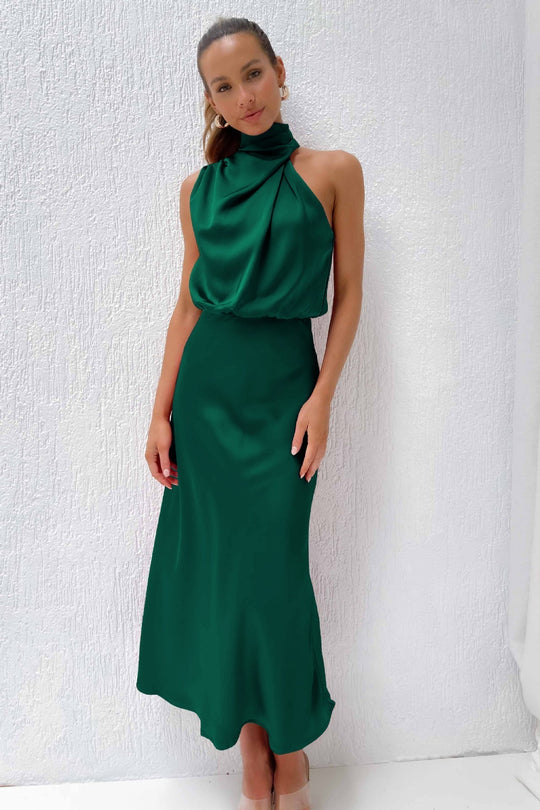 Dames Lange Jurk Satijn Hoge Hals Figuuraccentuerend Elegant voor Avond en Zomer 5
