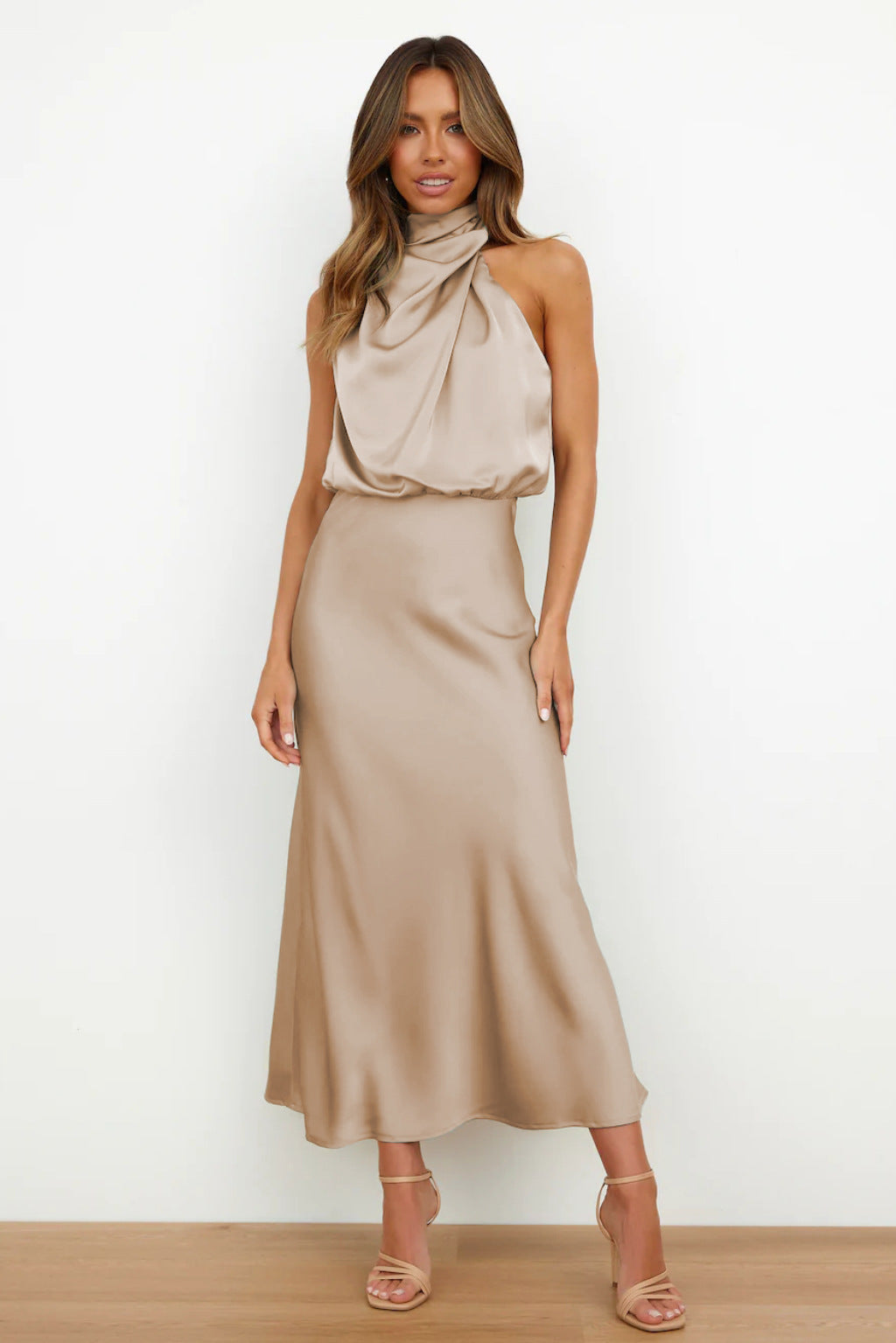 Dames Lange Jurk Satijn Hoge Hals Figuuraccentuerend Elegant voor Avond en Zomer 7