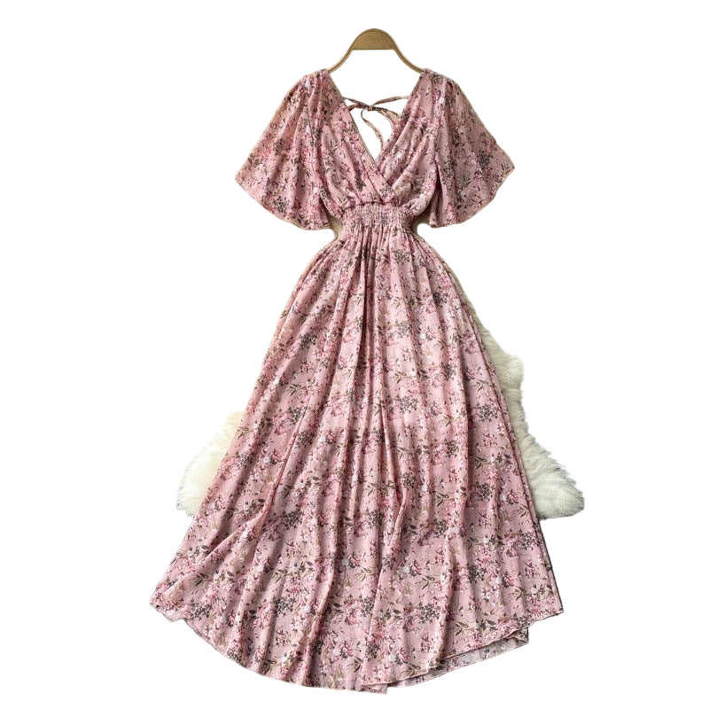 Dames Lange Jurk V-Hals Gekruiste Taille Korte Mouwen Rayon Blend Zomer 0