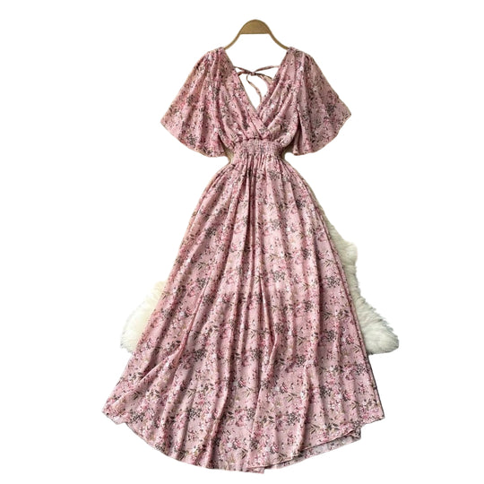Dames Lange Jurk V-Hals Gekruiste Taille Korte Mouwen Rayon Blend Zomer 0