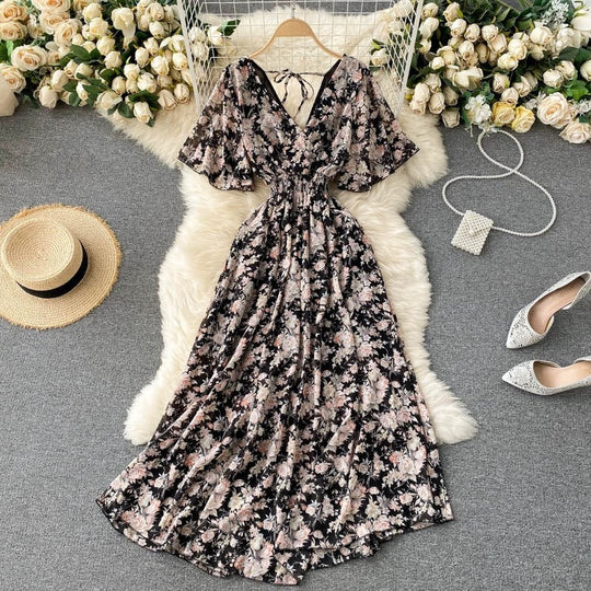 Dames Lange Jurk V-Hals Gekruiste Taille Korte Mouwen Rayon Blend Zomer 1
