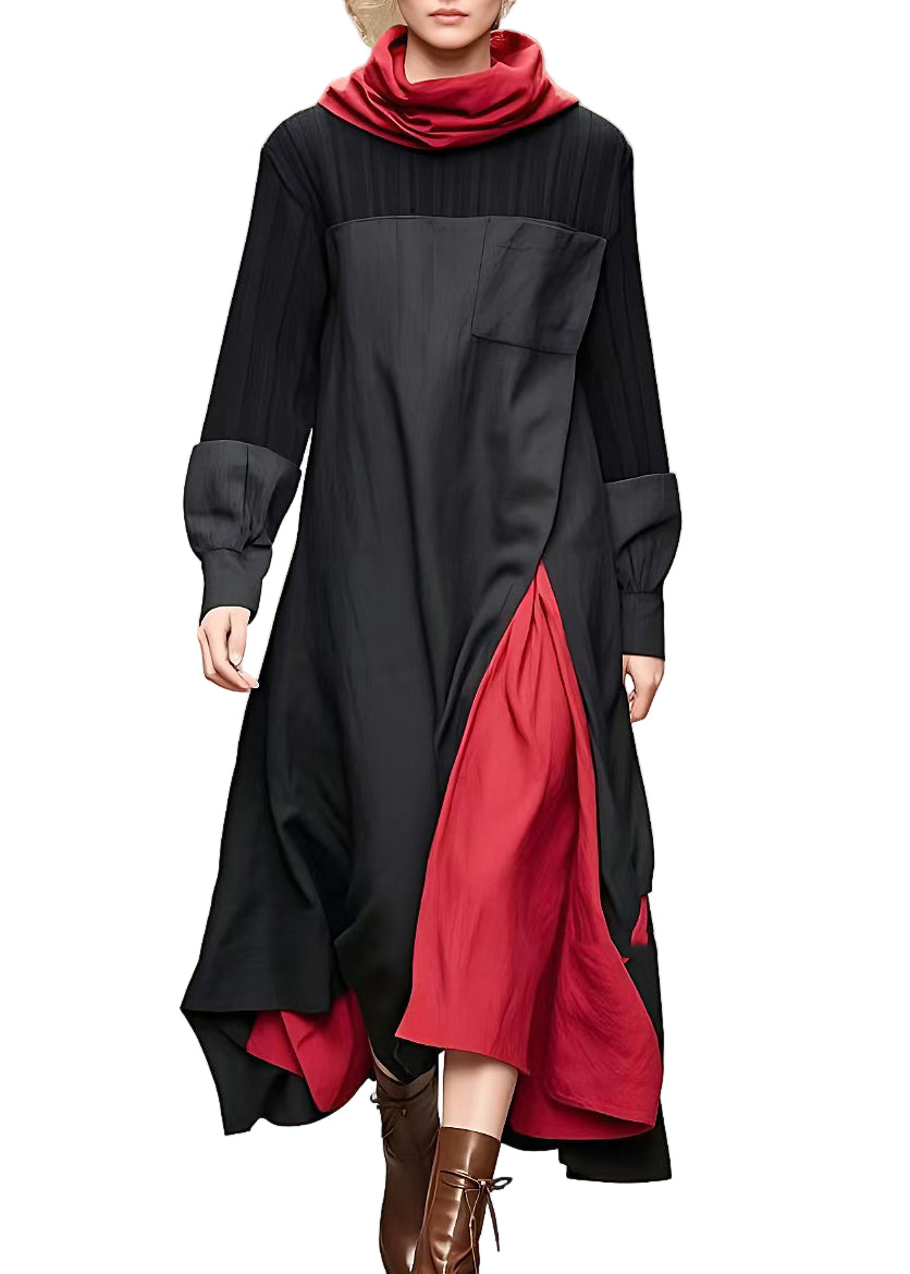 Dames Lange Jurk met Col en Patchwork Design 0