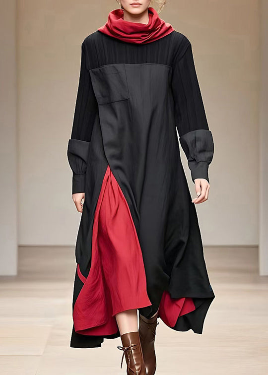 Dames Lange Jurk met Col en Patchwork Design 1