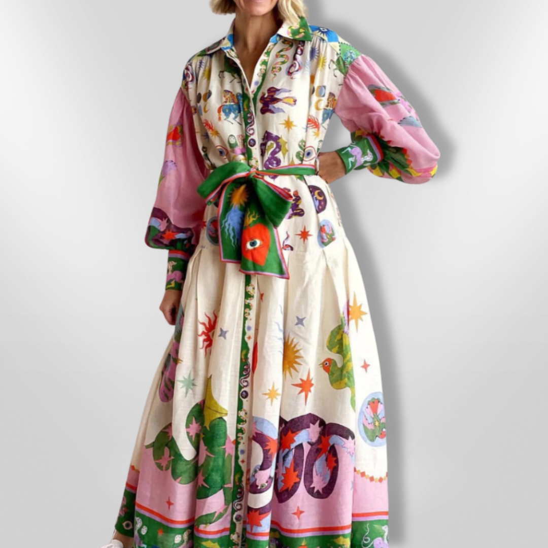 Dames Lange Maxi Jurk Met Artistiek Motief En Ceintuur Van Viscose 0