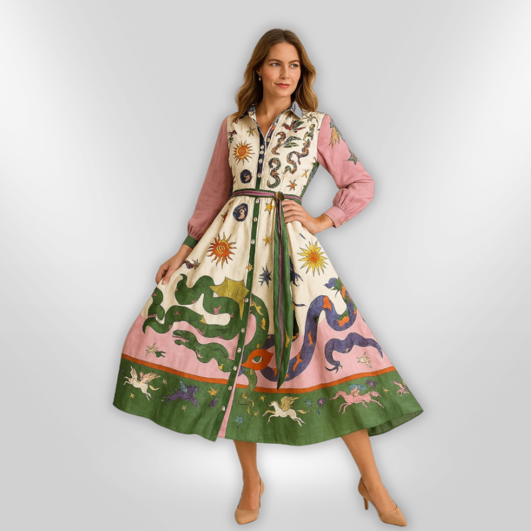 Dames Lange Maxi Jurk Met Artistiek Motief En Ceintuur Van Viscose 1