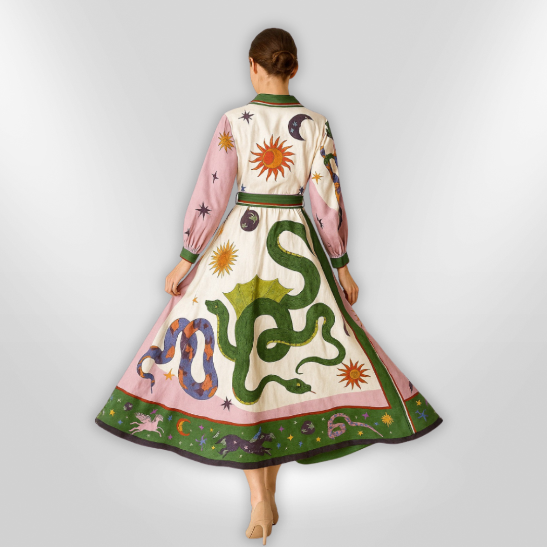 Dames Lange Maxi Jurk Met Artistiek Motief En Ceintuur Van Viscose 2
