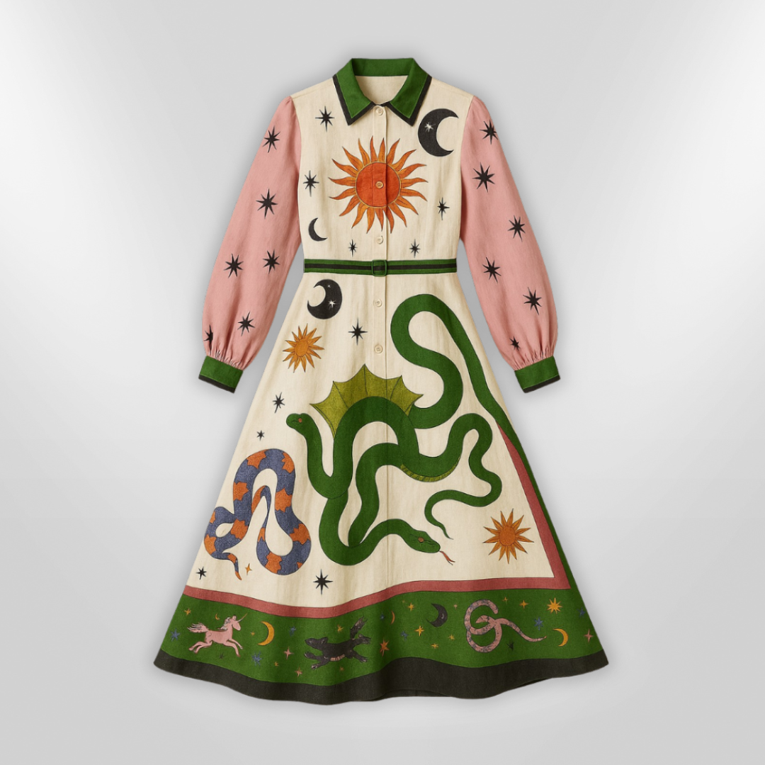 Dames Lange Maxi Jurk Met Artistiek Motief En Ceintuur Van Viscose 3