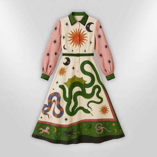 Dames Lange Maxi Jurk Met Artistiek Motief En Ceintuur Van Viscose 3
