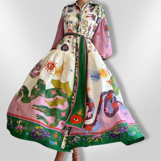 Dames Lange Maxi Jurk Met Artistiek Motief En Ceintuur Van Viscose 5