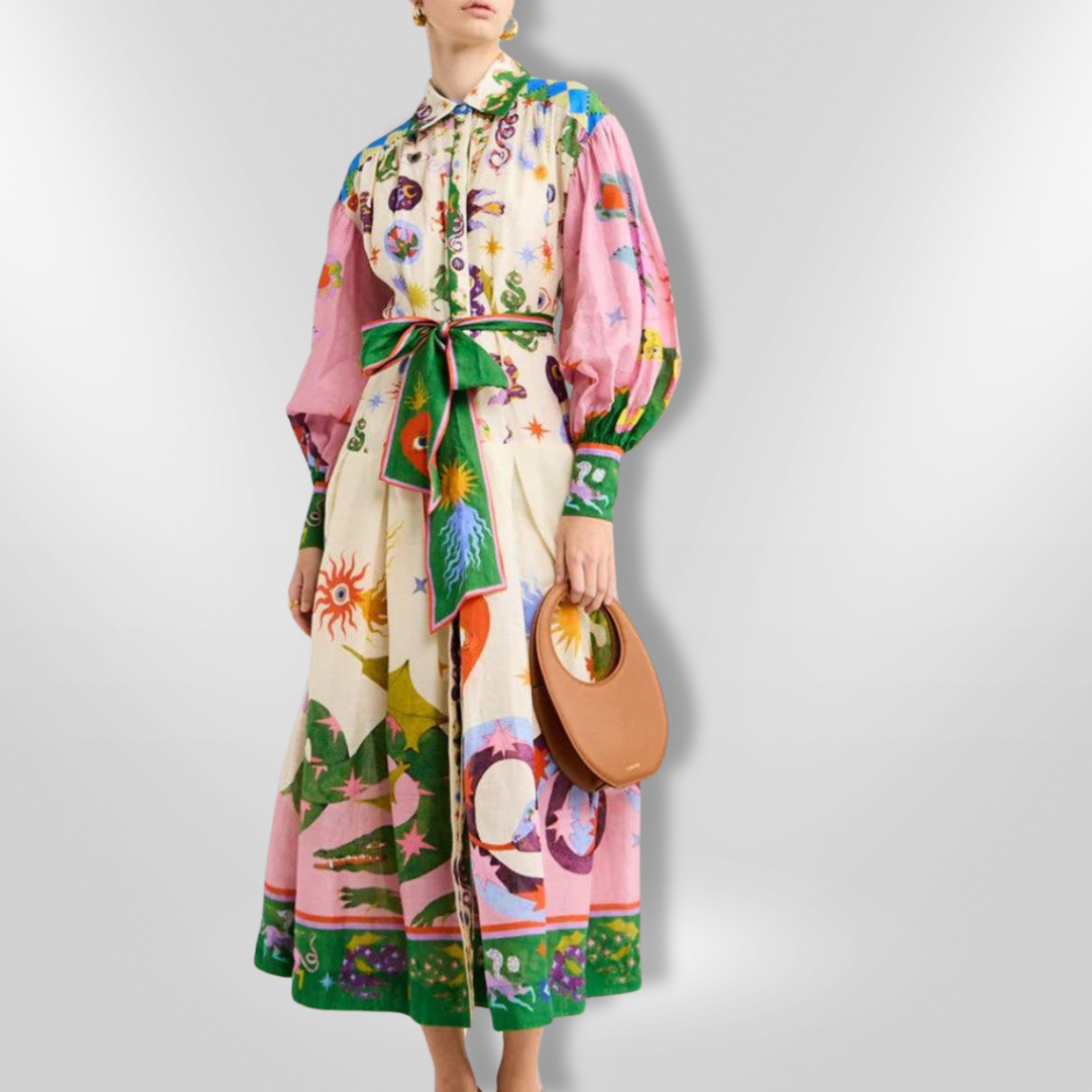 Dames Lange Maxi Jurk Met Artistiek Motief En Ceintuur Van Viscose 6