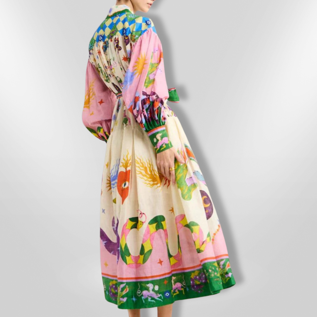 Dames Lange Maxi Jurk Met Artistiek Motief En Ceintuur Van Viscose 7