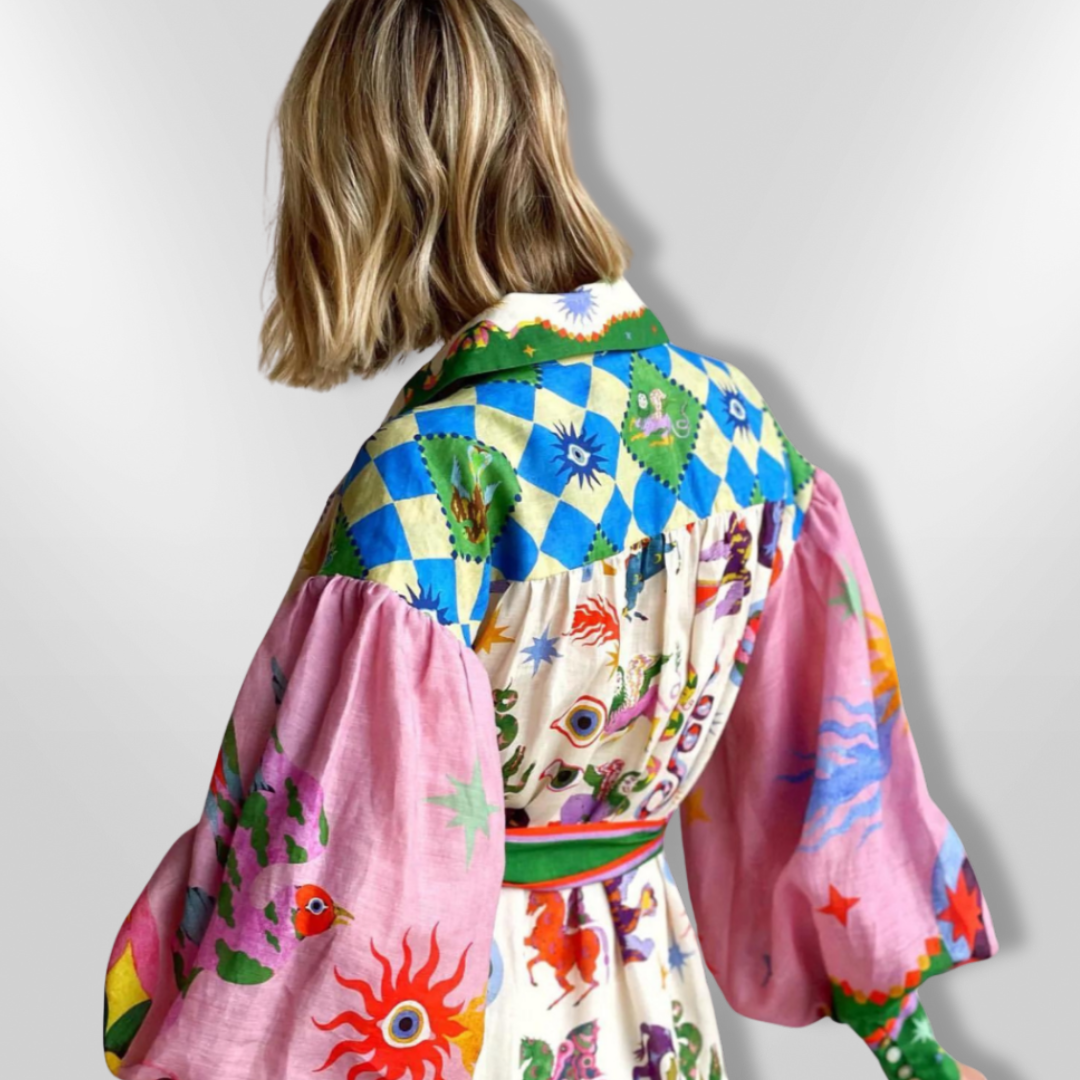 Dames Lange Maxi Jurk Met Artistiek Motief En Ceintuur Van Viscose 8