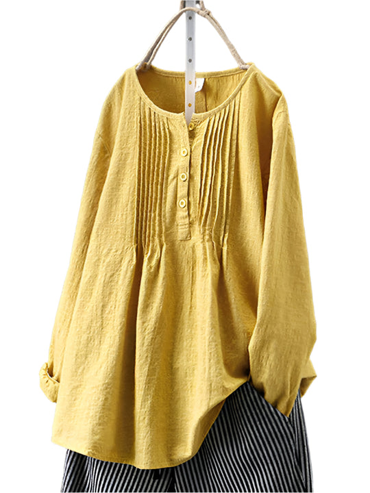 Dames Langsleeve Shirt Ronde Hals Geplooid Katoen Linnen 0